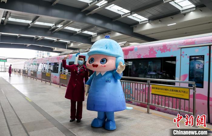 武漢地鐵卡通形象“魚快快”與櫻花專列合影 張暢 攝 武漢地鐵卡通形象“魚快快”與櫻花專列合影 張暢 攝