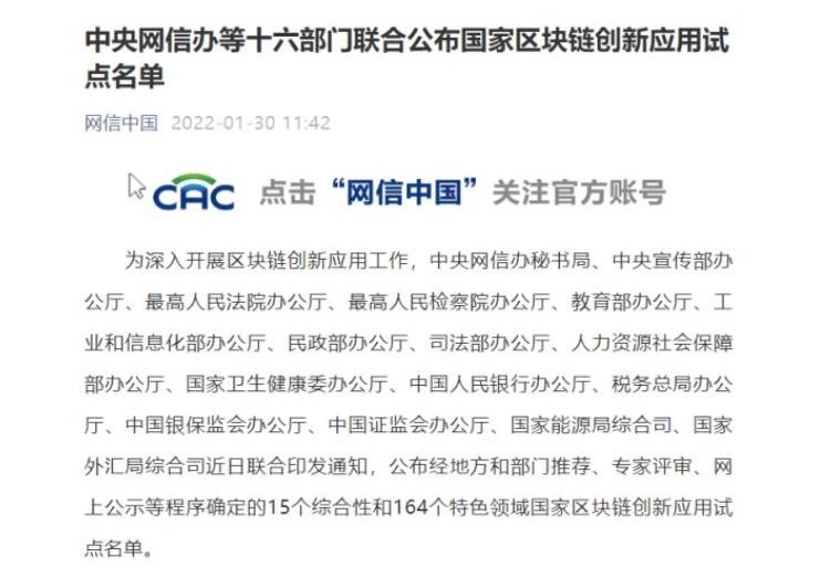 十六部门联合公布国家区块链创新应用试点名单