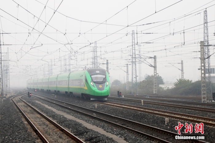 資料圖：2022年12月23日拍攝的“綠巨人”復(fù)興號動車組列車快速通過新成昆鐵路峨眉至冕寧段。 <a target='_blank' href='/'>中新社</a>記者 劉忠俊 攝