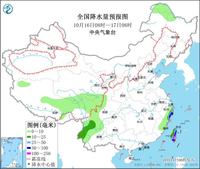全國降水量預(yù)報圖(10月16日08時-17日08時) 全國降水量預(yù)報圖(10月16日08時-17日08時)