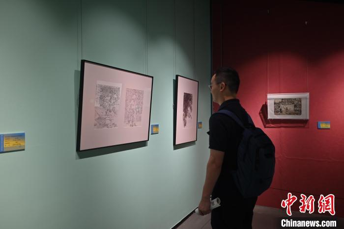 圖為市民在觀(guān)賞鋼筆畫(huà)作品?！埿?攝