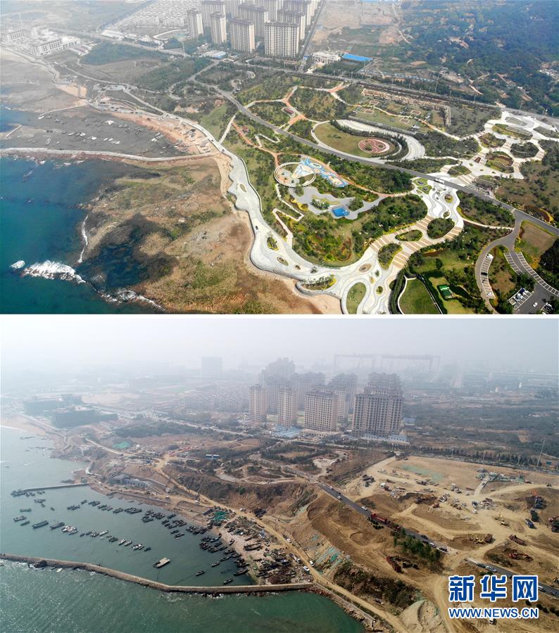 拼版照片：上圖為6月3日拍攝的青島西海岸新區(qū)東環(huán)島路鳳凰山公園景觀（無人機照片，新華社記者李紫恒攝）；下圖為2018年4月拍攝的青島西海岸新區(qū)鳳凰山公園建設前舊貌（無人機照片，資料照片）。 青島西海岸新區(qū)啟動藍色海灣整治行動以來，通過“拆違建、清岸線、修慢道、植綠化”，在持續(xù)打造最美海灣的同時，真正將海岸線還之于民、造福大眾。據(jù)了解，目前已陸續(xù)清理岸線130公里，拆除各類海岸違章建筑、海域養(yǎng)殖池、陸域構筑物等近1000萬平方米，建設完成“藍灣慢道”“自行車道”“濱海步道”，綠化面積近220萬平米。 新華社發(fā)