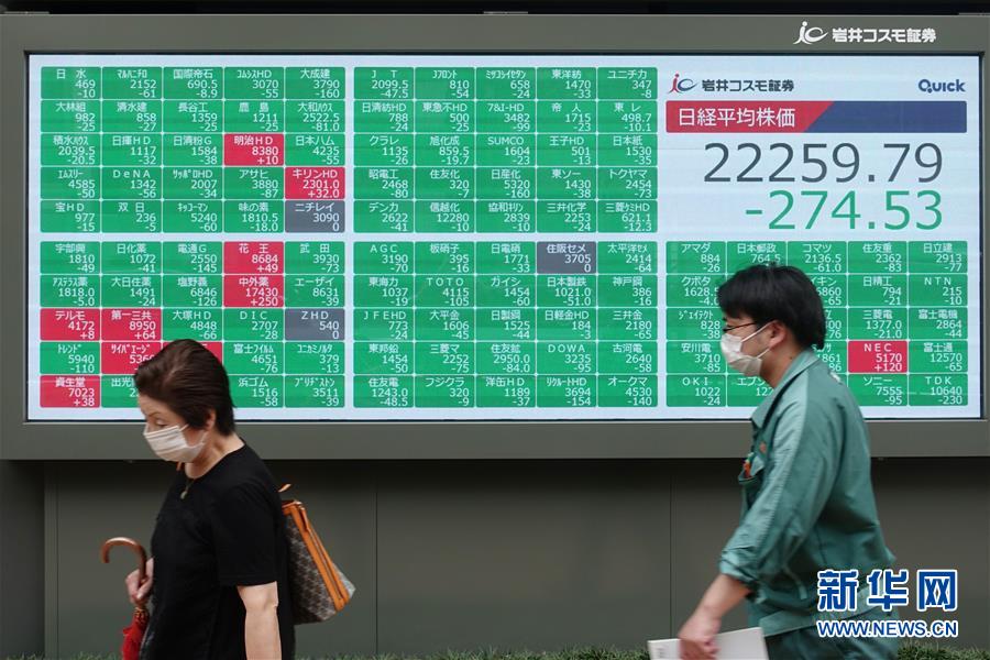 6月25日，在日本東京，戴口罩的行人走過一處電子股指信息顯示屏。 受隔夜紐約股市全面下跌影響，東京股市25日低開低走，日經(jīng)225種股票平均價(jià)格指數(shù)收盤時(shí)較前一交易日下跌1.22%。至收盤時(shí)，日經(jīng)股指下跌274.53點(diǎn)，收于22259.79點(diǎn)；東京證券交易所股票價(jià)格指數(shù)下跌18.65點(diǎn)，收于1561.85點(diǎn)，跌幅為1.18%。 新華社記者杜瀟逸攝